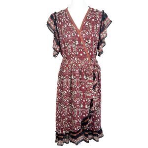 Max Studio Floral Print Midi Wrap Dress Large Ruffles Feminine NWT